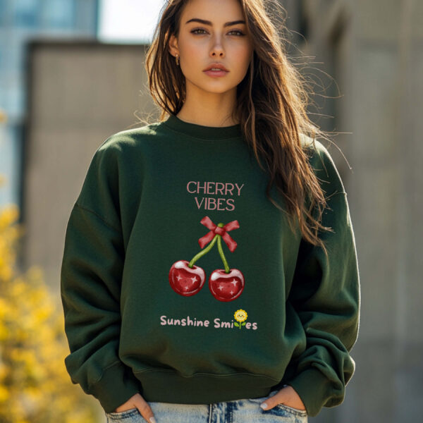 Forest Green sweatshirt with Cute Cherry Bow Print and Cherry Vibes text– feminine and minimal, from Bhoomkins’ Cherry collection