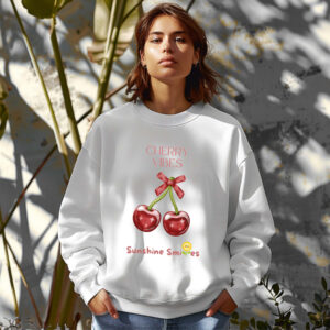 White sweatshirt with Cute Cherry Bow Print and Cherry Vibes text– feminine and minimal, from Bhoomkins’ Cherry collection
