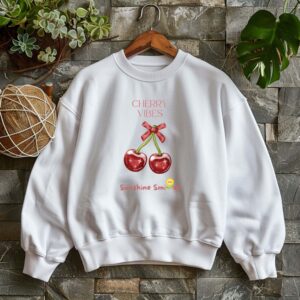 White sweatshirt with Cute Cherry Bow Print and Cherry Vibes text– feminine and minimal, from Bhoomkins’ Cherry collection