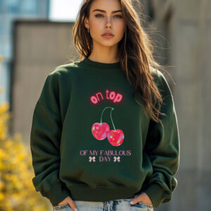 Forest Green sweatshirt with Cute Neon Cherry Print & On Top Of My Fabulous day text– feminine and minimal, from Bhoomkins’ Cherry collection