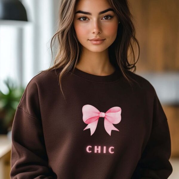 Dark Chocolate sweatshirt with Cute Pink Bow and Chic text – feminine and minimal, from Bhoomkins’ Coquette collection