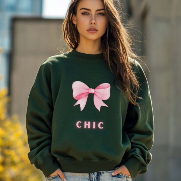 Forest Green sweatshirt with Cute Pink Bow and Chic text – feminine and minimal, from Bhoomkins’ Coquette collection