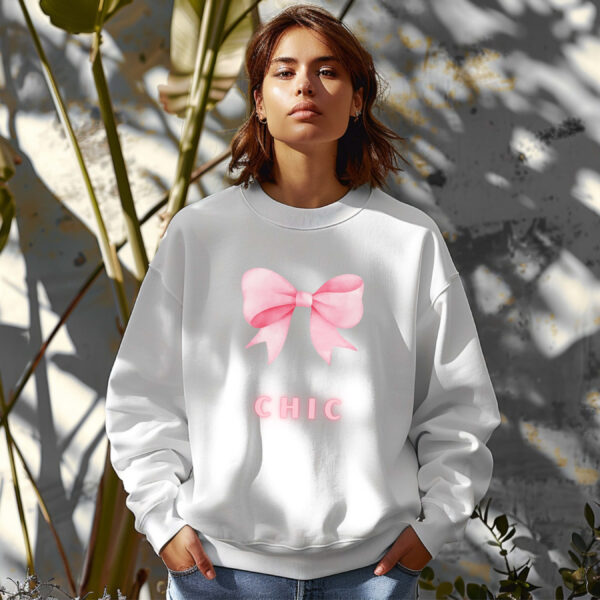 White sweatshirt with Cute Pink Bow and Chic text – feminine and minimal, from Bhoomkins’ Coquette collection