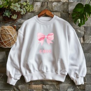 White sweatshirt with Cute Pink Bow and Chic text – feminine and minimal, from Bhoomkins’ Coquette collection