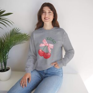 Sport Grey sweatshirt with cute cherry print and XOXO text– feminine and minimal, from Bhoomkins’ cherry collection