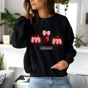 Black sweatshirt with Cute Cherry Bow print and Cute mama text– feminine and minimal, from Bhoomkins’ Coquette collection