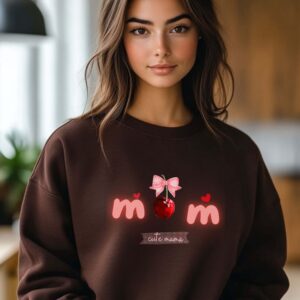 Dark Chocolate sweatshirt with Cute Cherry Bow print and Cute mama text– feminine and minimal, from Bhoomkins’ Coquette collection