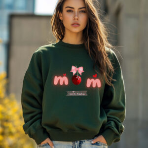 Forest Green sweatshirt with Cute Cherry Bow print and Cute mama text– feminine and minimal, from Bhoomkins’ Coquette collection