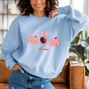 Light Blue sweatshirt with Cute Cherry Bow print and Cute mama text– feminine and minimal, from Bhoomkins’ Coquette collection