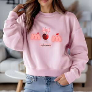 Light Pink sweatshirt with Cute Cherry Bow print and Cute mama text– feminine and minimal, from Bhoomkins’ Coquette collection