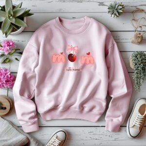 Light Pink sweatshirt with Cute Cherry Bow print and Cute mama text– feminine and minimal, from Bhoomkins’ Coquette collection