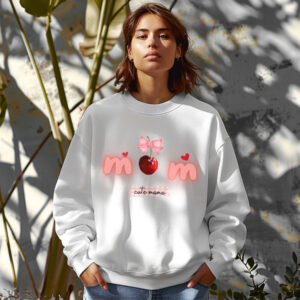 White sweatshirt with Cute Cherry Bow print and Cute mama text– feminine and minimal, from Bhoomkins’ Coquette collection