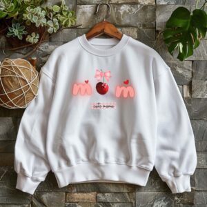 White sweatshirt with Cute Cherry Bow print and Cute mama text– feminine and minimal, from Bhoomkins’ Coquette collection