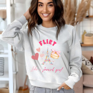 Ash sweatshirt with Eiffel Tower & Donut print and Flirt Like A French Girl text– feminine and minimal, from Bhoomkins’ Coquette collection