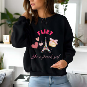 Black sweatshirt with Eiffel Tower & Donut print and Flirt Like A French Girl text– feminine and minimal, from Bhoomkins’ Coquette collection