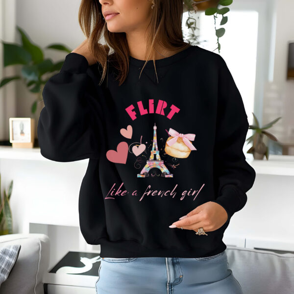 Black sweatshirt with Eiffel Tower & Donut print and Flirt Like A French Girl text– feminine and minimal, from Bhoomkins’ Coquette collection