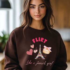 Dark Chocolate sweatshirt with Eiffel Tower & Donut print and Flirt Like A French Girl text– feminine and minimal, from Bhoomkins’ Coquette collection