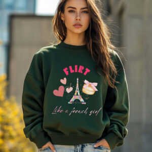 Forest Green sweatshirt with Eiffel Tower & Donut print and Flirt Like A French Girl text– feminine and minimal, from Bhoomkins’ Coquette collection