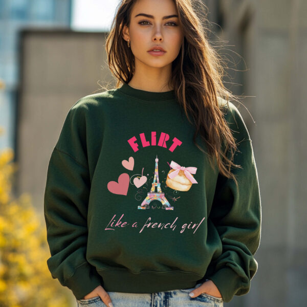 Forest Green sweatshirt with Eiffel Tower & Donut print and Flirt Like A French Girl text– feminine and minimal, from Bhoomkins’ Coquette collection