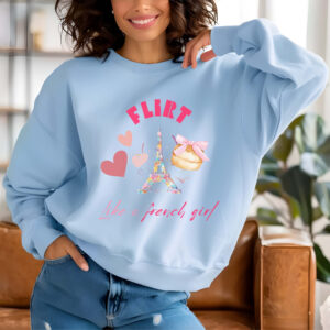 Light Blue sweatshirt with Eiffel Tower & Donut print and Flirt Like A French Girl text– feminine and minimal, from Bhoomkins’ Coquette collection