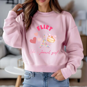 Light Pink sweatshirt with Eiffel Tower & Donut print and Flirt Like A French Girl text– feminine and minimal, from Bhoomkins’ Coquette collection