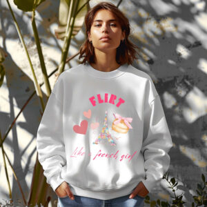 White sweatshirt with Eiffel Tower & Donut print and Flirt Like A French Girl text– feminine and minimal, from Bhoomkins’ Coquette collection