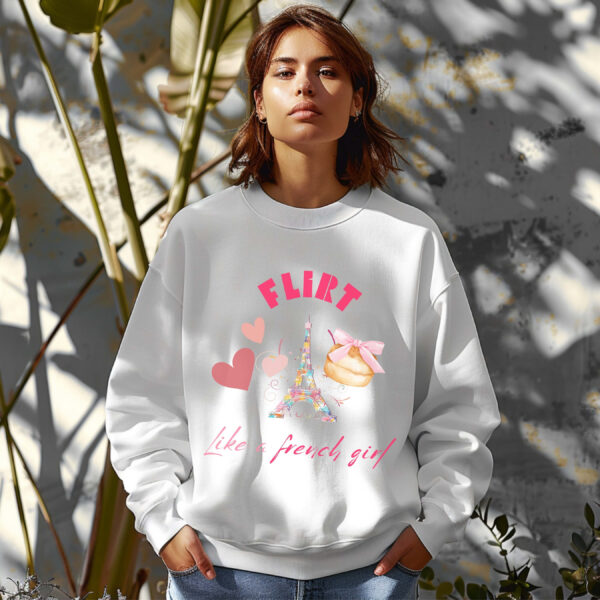 White sweatshirt with Eiffel Tower & Donut print and Flirt Like A French Girl text– feminine and minimal, from Bhoomkins’ Coquette collection