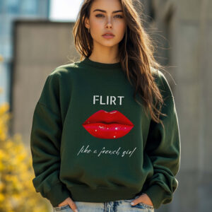 Forest Green sweatshirt with Red Lips Print & Flirt Like A French Girl Text– feminine and minimal, from Bhoomkins’ Bold & Feminine collection