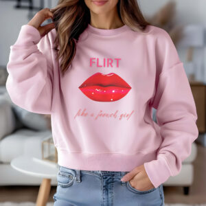 Light Pink sweatshirt with Red Lips Print & Flirt Like A French Girl Text– feminine and minimal, from Bhoomkins’ Bold & Feminine collection