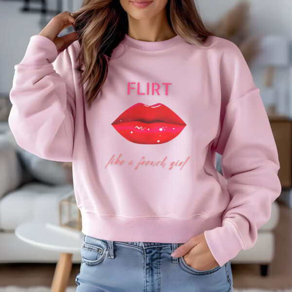 Light Pink sweatshirt with Red Lips Print & Flirt Like A French Girl Text– feminine and minimal, from Bhoomkins’ Bold & Feminine collection