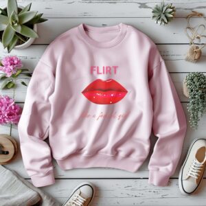 Light Pink sweatshirt with Red Lips Print & Flirt Like A French Girl Text– feminine and minimal, from Bhoomkins’ Bold & Feminine collection