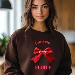 Dark Chocolate sweatshirt with Red Bow Print & Flirty & Feminine text– feminine and minimal, from Bhoomkins’ Coquette collection