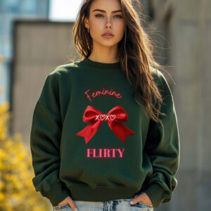 Forest Green sweatshirt with Red Bow Print & Flirty & Feminine text– feminine and minimal, from Bhoomkins’ Coquette collection