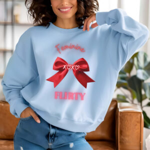 Light Blue sweatshirt with Red Bow Print & Flirty & Feminine text– feminine and minimal, from Bhoomkins’ Coquette collection