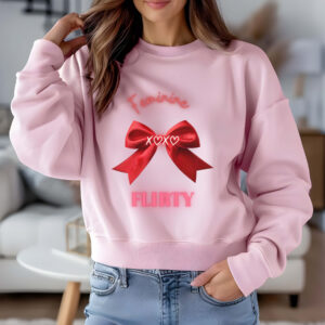 Light Pink sweatshirt with Red Bow Print & Flirty & Feminine text– feminine and minimal, from Bhoomkins’ Coquette collection