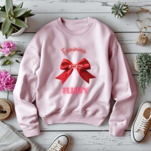 Light Pink sweatshirt with Red Bow Print & Flirty & Feminine text– feminine and minimal, from Bhoomkins’ Coquette collection