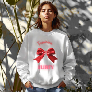 White sweatshirt with Red Bow Print & Flirty & Feminine text– feminine and minimal, from Bhoomkins’ Coquette collection