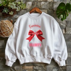 White sweatshirt with Red Bow Print & Flirty & Feminine text– feminine and minimal, from Bhoomkins’ Coquette collection