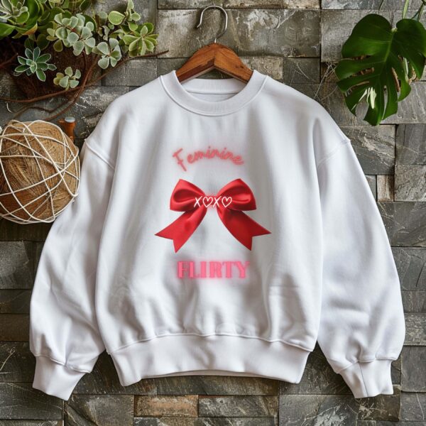 White sweatshirt with Red Bow Print & Flirty & Feminine text– feminine and minimal, from Bhoomkins’ Coquette collection