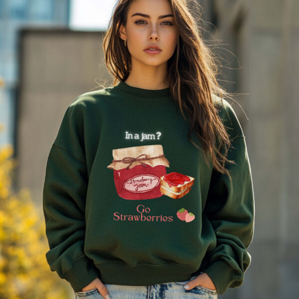 Forest Green sweatshirt with Cute Jam Jar and Bread & Go Strawberries Text– feminine and minimal, from Bhoomkins’ Sweatshirts collection