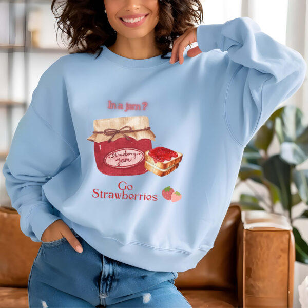 Light Blue sweatshirt with Cute Jam Jar and Bread & Go Strawberries Text– feminine and minimal, from Bhoomkins’ Sweatshirts collection
