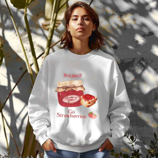 White sweatshirt with Cute Jam Jar and Bread & Go Strawberries Text– feminine and minimal, from Bhoomkins’ Sweatshirts collection