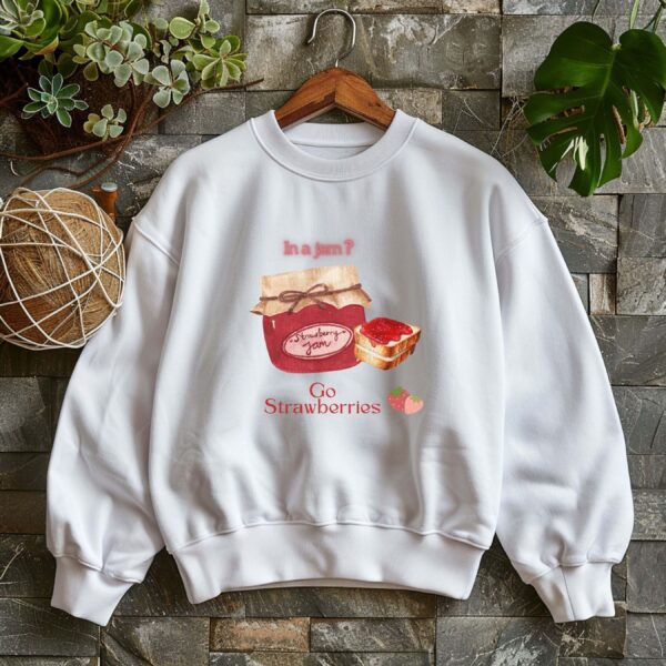 White sweatshirt with Cute Jam Jar and Bread & Go Strawberries Text– feminine and minimal, from Bhoomkins’ Sweatshirts collection