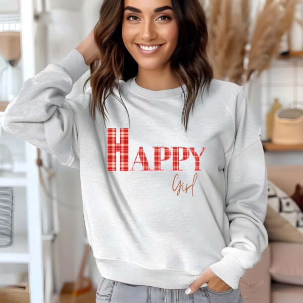 Ash sweatshirt with red checked letters spelled as HAPPY girl – feminine and minimal, from Bhoomkins’ Sweatshirts collection