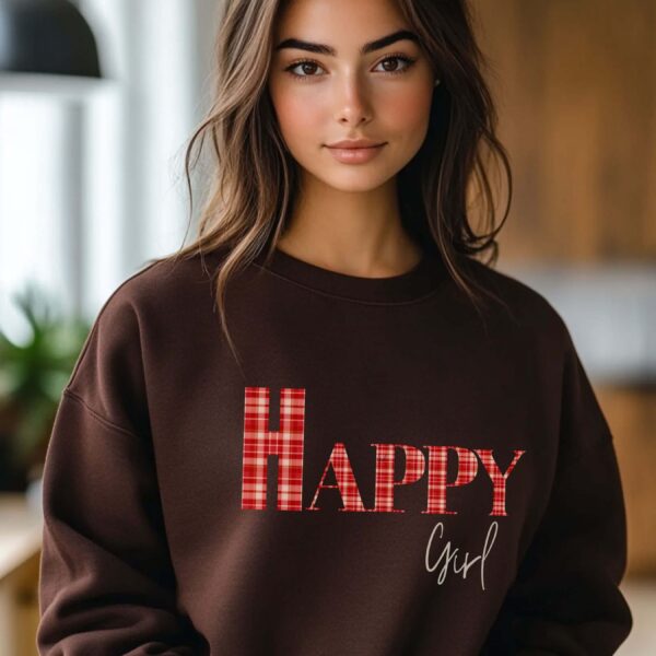 Dark Chocolate sweatshirt with red checked letters spelled as HAPPY girl – feminine and minimal, from Bhoomkins’ Sweatshirts collection