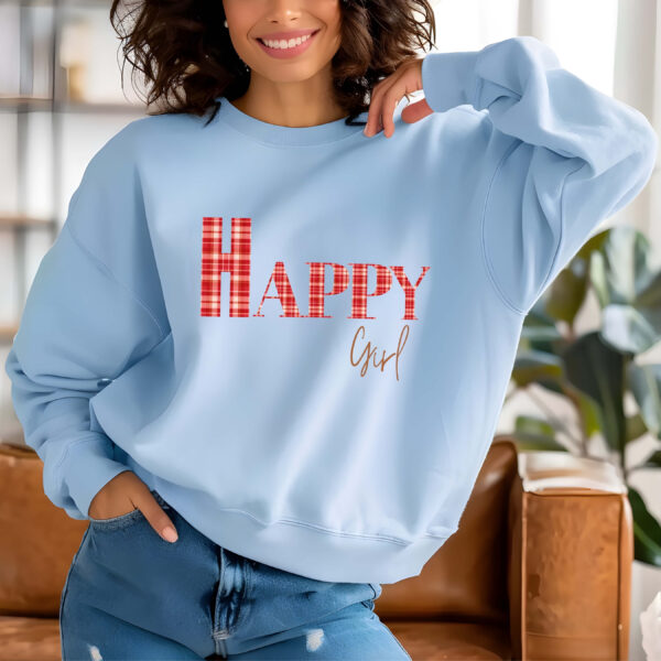 Light Blue sweatshirt with red checked letters spelled as HAPPY girl – feminine and minimal, from Bhoomkins’ Sweatshirts collection