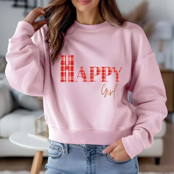 Light Pink sweatshirt with red checked letters spelled as HAPPY girl – feminine and minimal, from Bhoomkins’ Sweatshirts collection