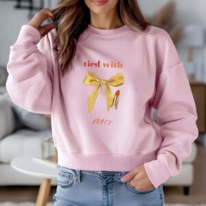 Light Pink sweatshirt with cute mustard bow and Tie with Grace text – feminine and minimal, from Bhoomkins’ Coquette collection