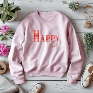 Light Pink sweatshirt with red checked letters spelled as HAPPY girl – feminine and minimal, from Bhoomkins’ Sweatshirts collection