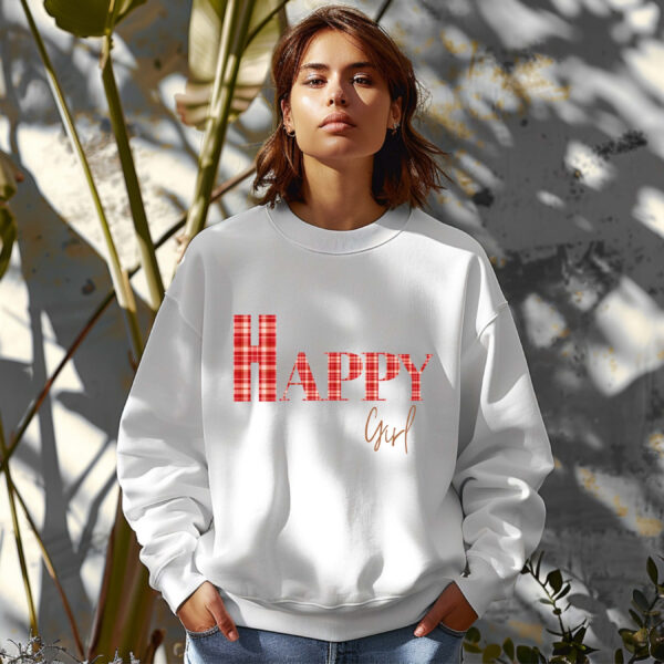 White sweatshirt with red checked letters spelled as HAPPY girl – feminine and minimal, from Bhoomkins’ Sweatshirts collection